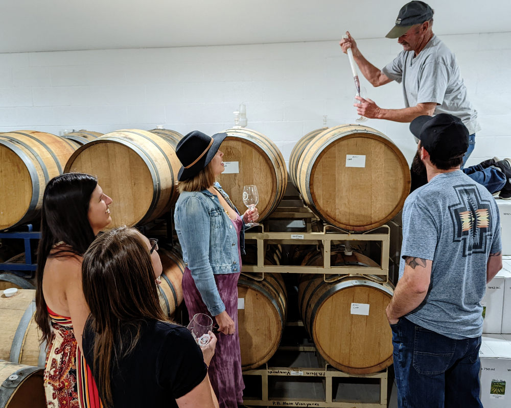 Tehachapi Winery barrel room with American Flag